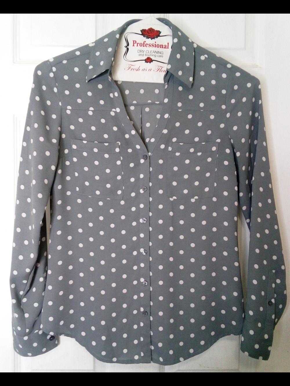 Express Grey Blouse with White Polka Dots